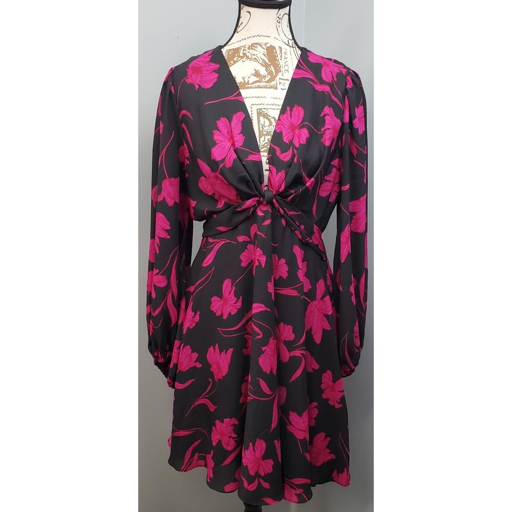 Banana Republic Fit & Flare Dress Womens 10 Black Pink Floral Balloon Sleeve